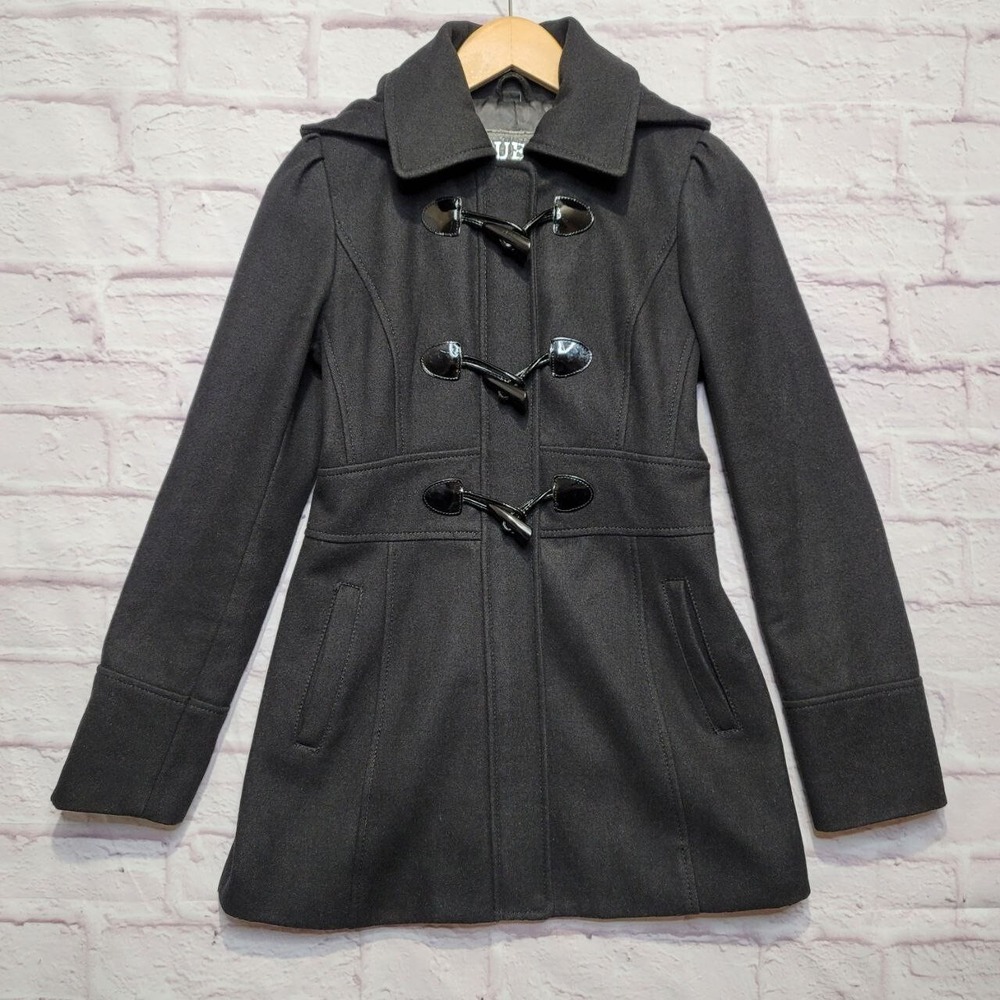 Guess Coat Womens Small Black Wool Blend Full Zip Removeable Hooded Toggle
